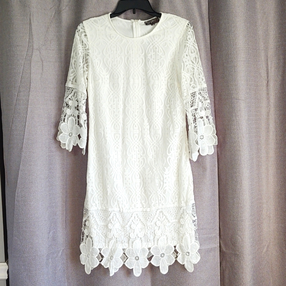 J Glee White Lace 3/4 Length Sleeves Midi Dress Sz Small